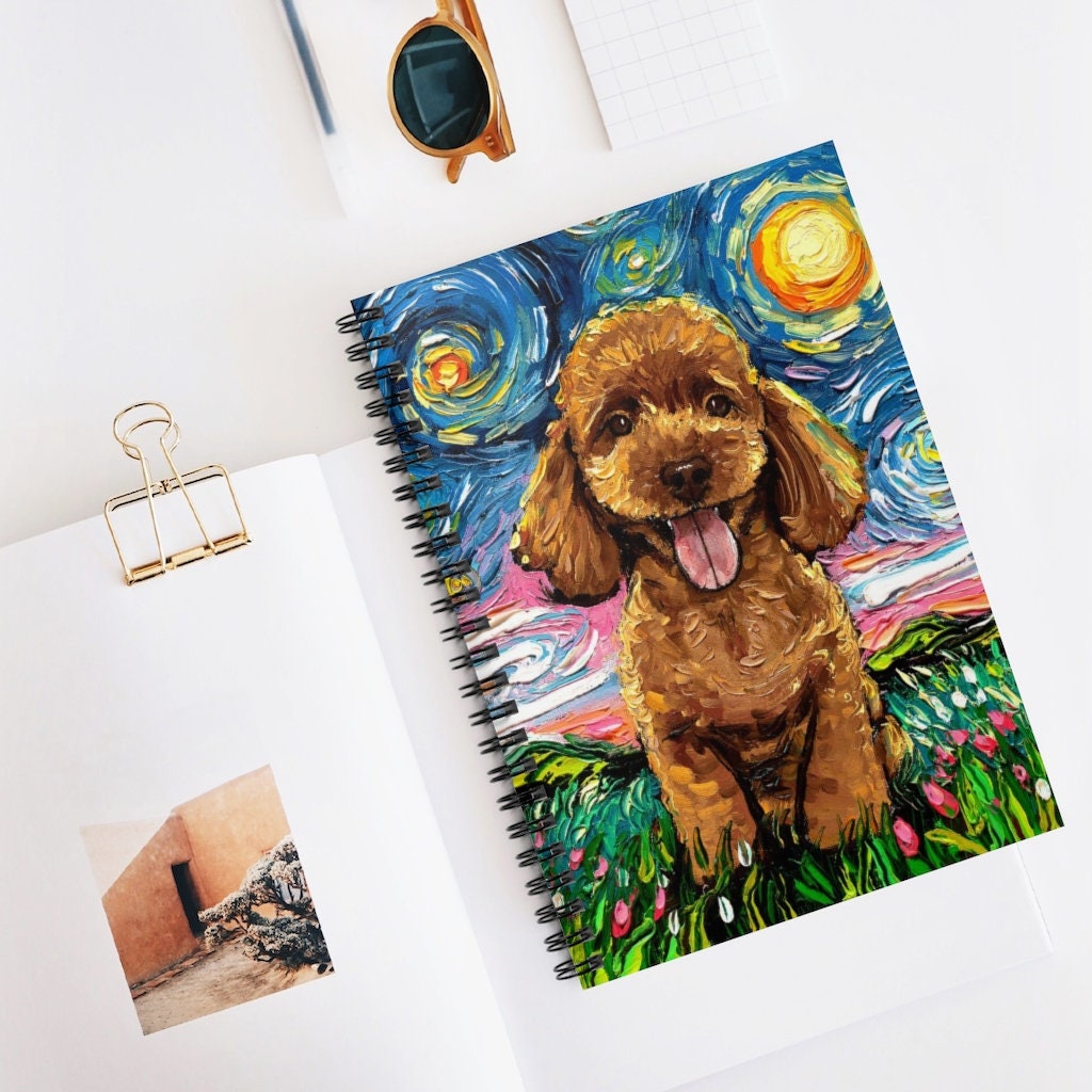 Spiral Notebook  Ruled Line Apricot Poodle Puppy Starry Night Dog 8x6x.6 inch Journal Stationary Art by Aja Free US Shipping