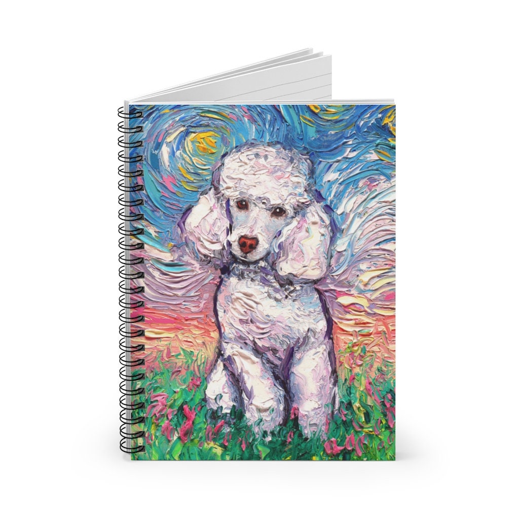 Spiral Notebook  Ruled Line White Toy Poodle Starry Night Dog 8x6x.6 inch Journal Stationary Art by Aja Free US Shipping