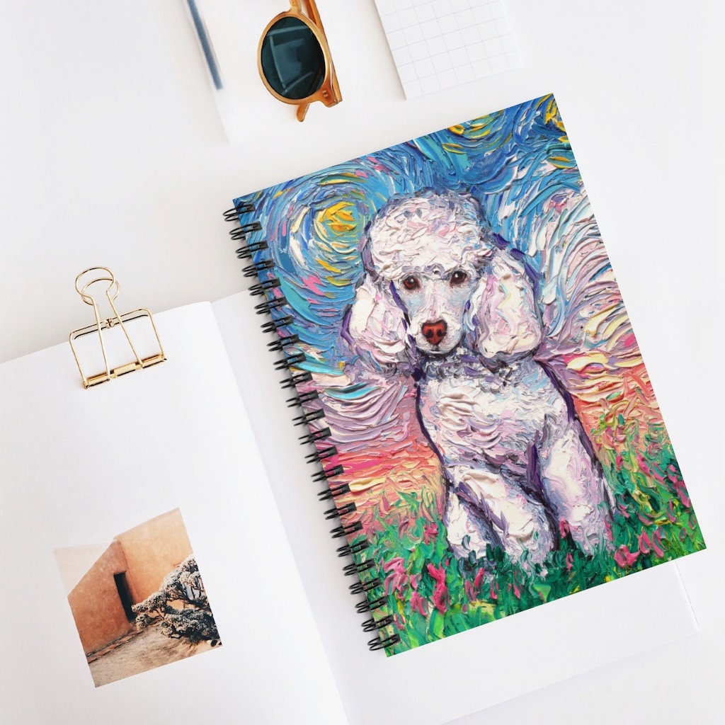 Spiral Notebook  Ruled Line White Toy Poodle Starry Night Dog 8x6x.6 inch Journal Stationary Art by Aja Free US Shipping
