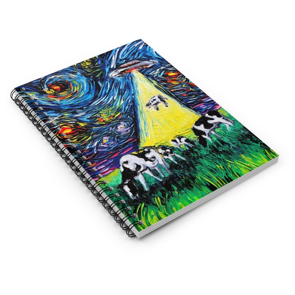 Spiral Notebook  Ruled Line UFO Alien Abduction Cows Funny Starry Night 8x6x.6 inch Journal Stationary Art by Aja Free US Shipping