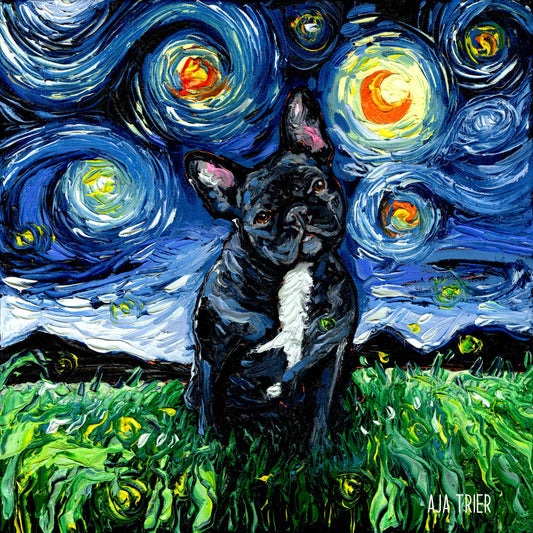Black and White French Bulldog Frenchie Art Starry Night Art Print Cute dog picture by Aja choose size and type of paper Wall Decor
