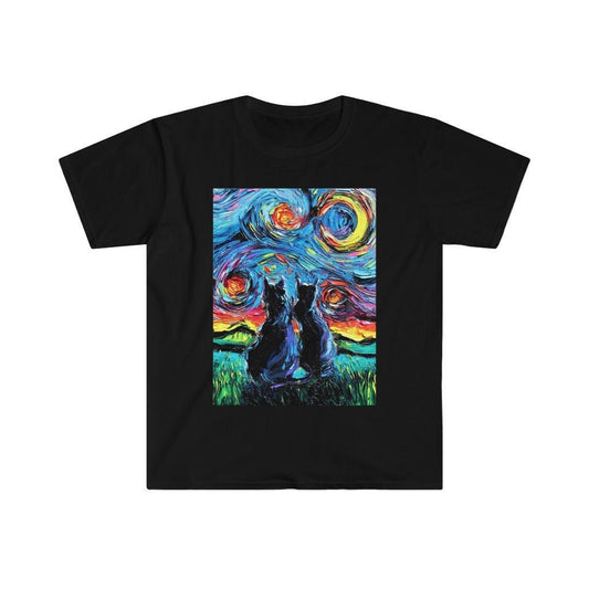 Shirt  Black Cats and Crescent Moon Starry Night Cat ShortSleeve Unisex TShirt Art by Aja Gildan Soft top clothing Apparel