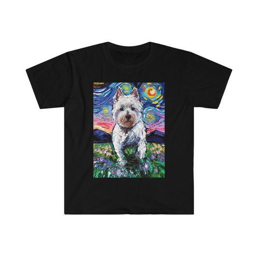 Shirt  West Highland Terrier Westie and Flowers Starry Night Dog ShortSleeve Unisex TShirt Art by Aja Gildan Soft top clothing Apparel