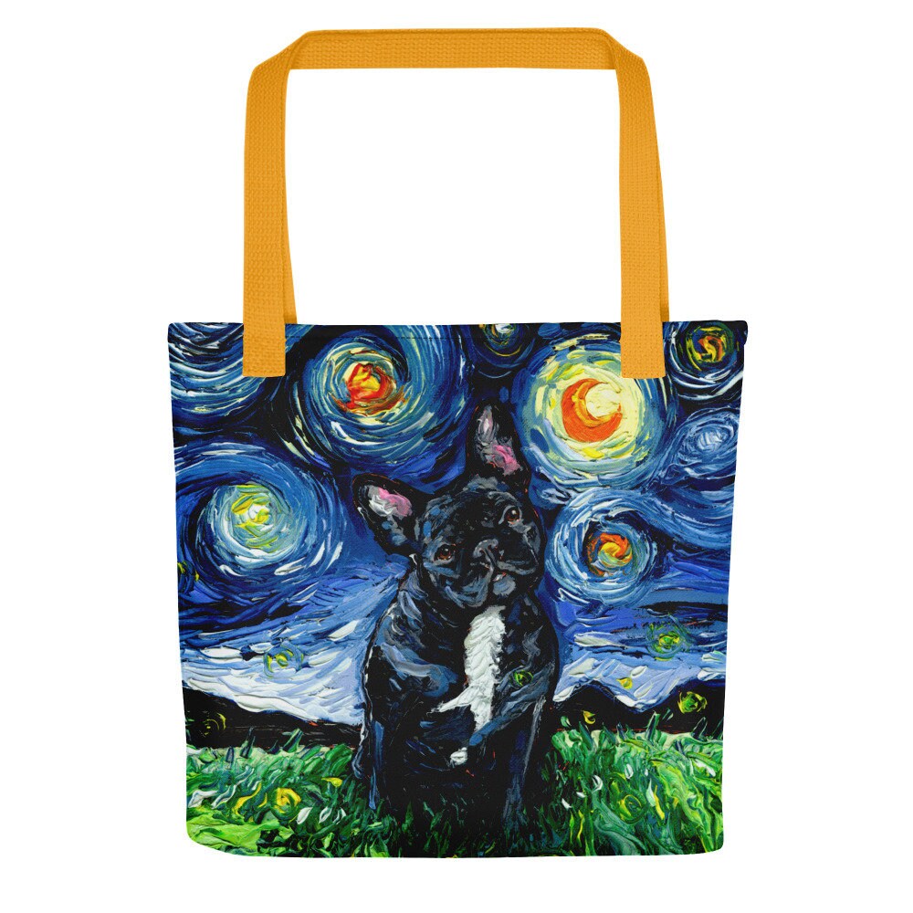 Black and White French Bulldog Dog Starry Night Tote bag handbag artwork by Aja dog lover gift 15x15 inches printed both sides