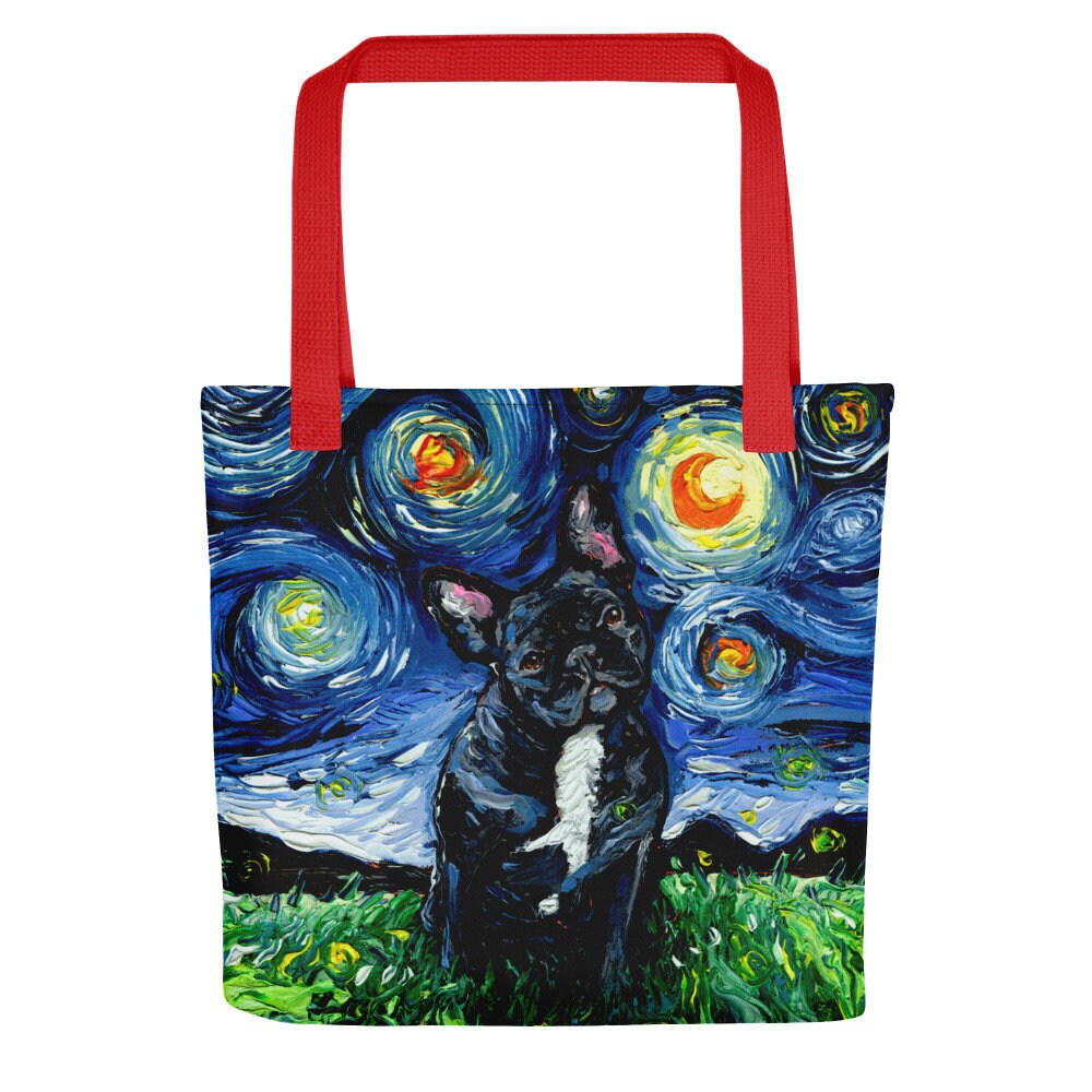 Black and White French Bulldog Dog Starry Night Tote bag handbag artwork by Aja dog lover gift 15x15 inches printed both sides