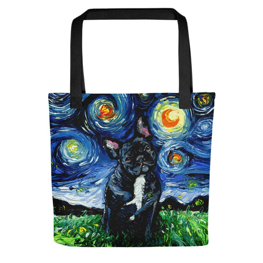 Black and White French Bulldog Dog Starry Night Tote bag handbag artwork by Aja dog lover gift 15x15 inches printed both sides