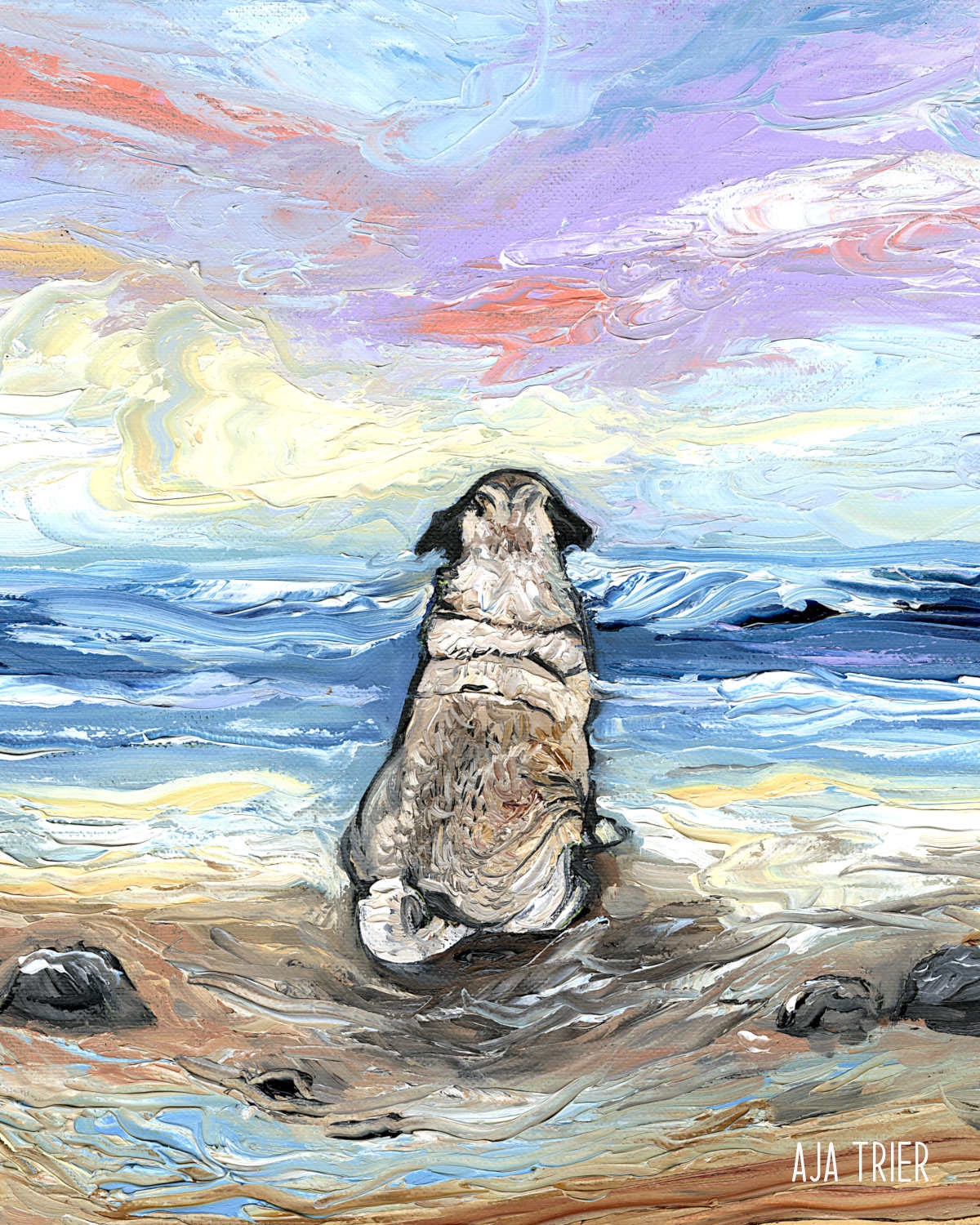 Beach Day  Pug at the Ocean dog Art CANVAS print Ready to Hang wall decor artwork display by Aja Coastal Ocean Home Decor