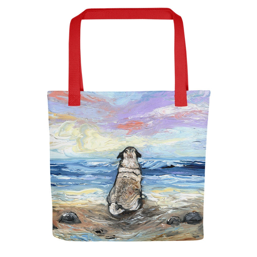 Tote Bag  Beach Days  Pug Dog handbag artwork by Aja dog lover gift 15x15 inches printed both sides Purse Reusable Grocery Bag