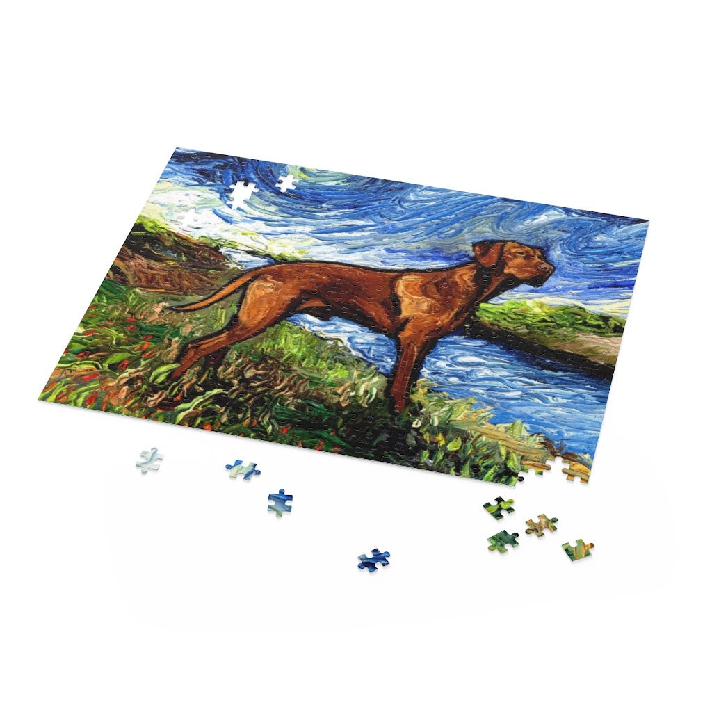 Premium Puzzle  Vizsla on a River Bank Starry Night Dog 110 252 or 500 Piece Puzzles in Gift Box Art By Aja Free US Shipping