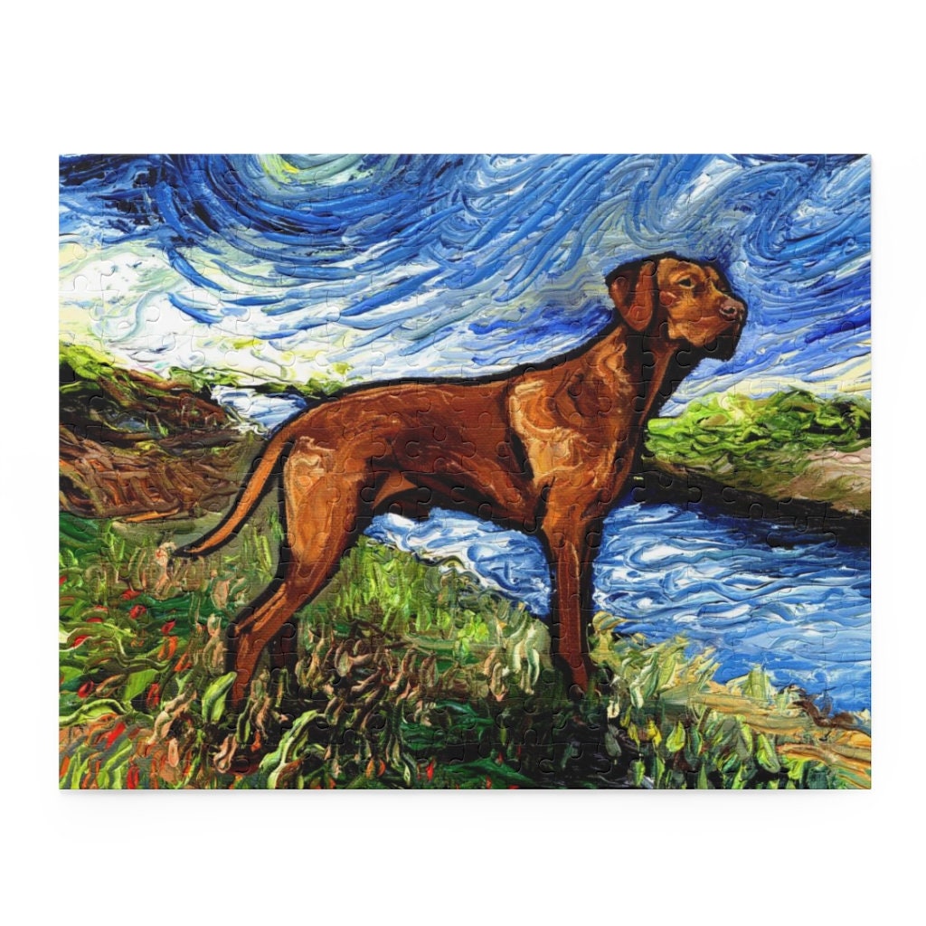 Premium Puzzle  Vizsla on a River Bank Starry Night Dog 110 252 or 500 Piece Puzzles in Gift Box Art By Aja Free US Shipping
