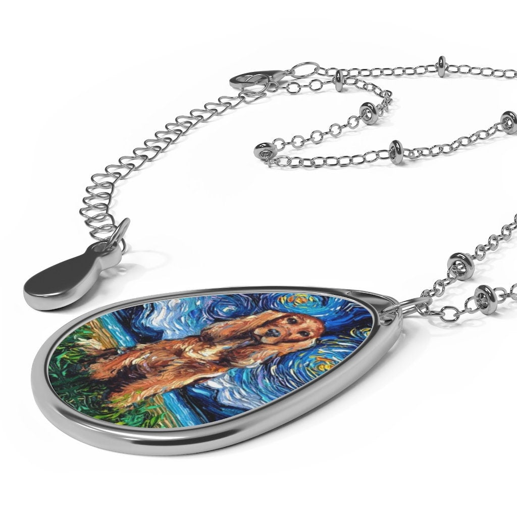 Red Cocker Spaniel Starry Night Dog 1.5x1 inch Oval Pendant on 20.47 inch Chain Necklace Jewelry Featuring Art by Aja
