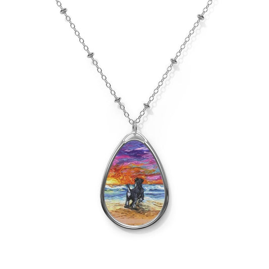Beach Days  Schnauzer Dog 1.5x1 inch Oval Pendant on 20.47 inch Chain Necklace Jewelry Featuring Art by Aja Coastal Ocean Sunset