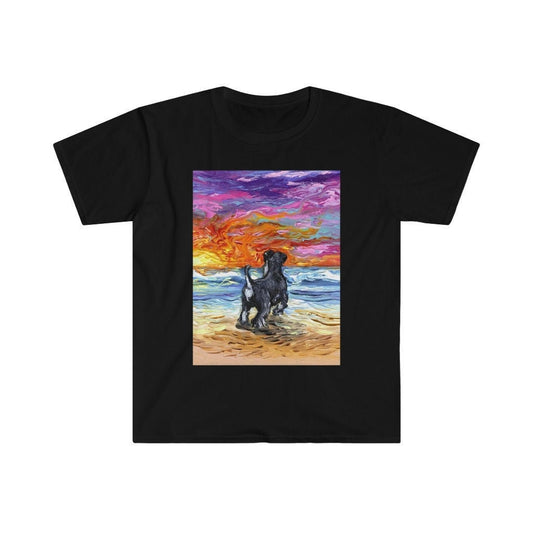 Shirt  Beach Days  Schnauzer Dog ShortSleeve Unisex TShirt Art by Aja Gildan Soft top clothing Apparel Ocean Sunset Artwork