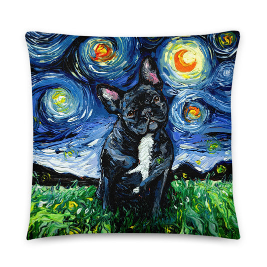 Black and White French Bulldog Dog Lover Starry Night Basic Throw Pillow Art by Aja 16x16 or 20x20 inches stuffed