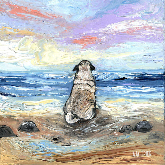 Beach Day  Pug at the Ocean dog Art CANVAS print Ready to Hang wall decor artwork display by Aja Coastal Ocean Home Decor