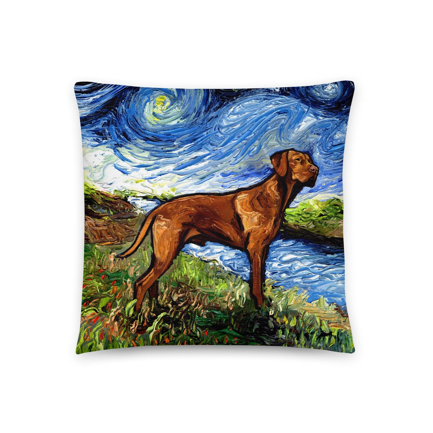 Throw Pillow  Vizsla on River Bank Dog Lover Starry Night Art by Aja 16x16 or 20x20 inches stuffed Includes Insert Printed both sides