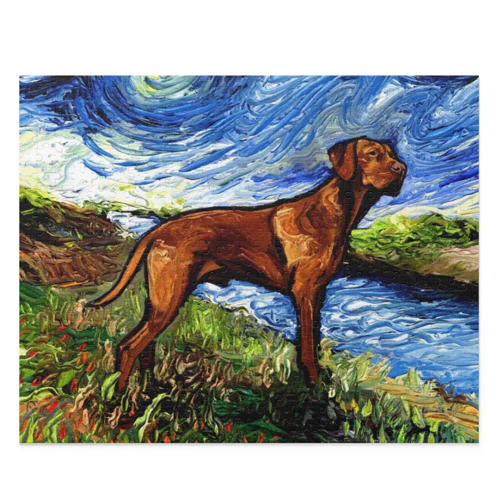 Premium Puzzle  Vizsla on a River Bank Starry Night Dog 110 252 or 500 Piece Puzzles in Gift Box Art By Aja Free US Shipping