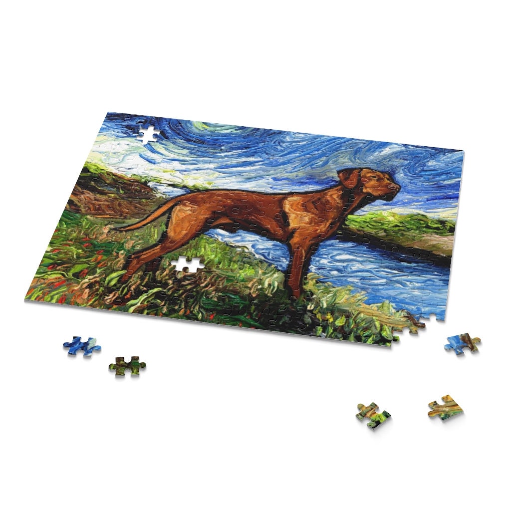 Premium Puzzle  Vizsla on a River Bank Starry Night Dog 110 252 or 500 Piece Puzzles in Gift Box Art By Aja Free US Shipping