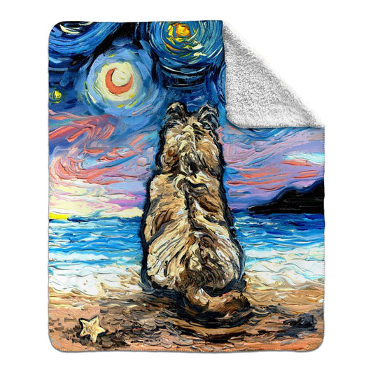 Premium Fleece Sherpa Blanket Cairn Terrier At The Beach Starry Night Dog Throw 60x50 inches