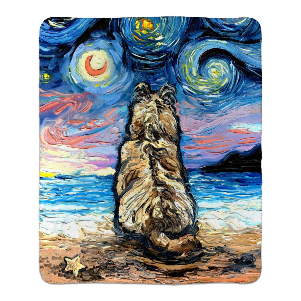 Premium Fleece Sherpa Blanket Cairn Terrier At The Beach Starry Night Dog Throw 60x50 inches