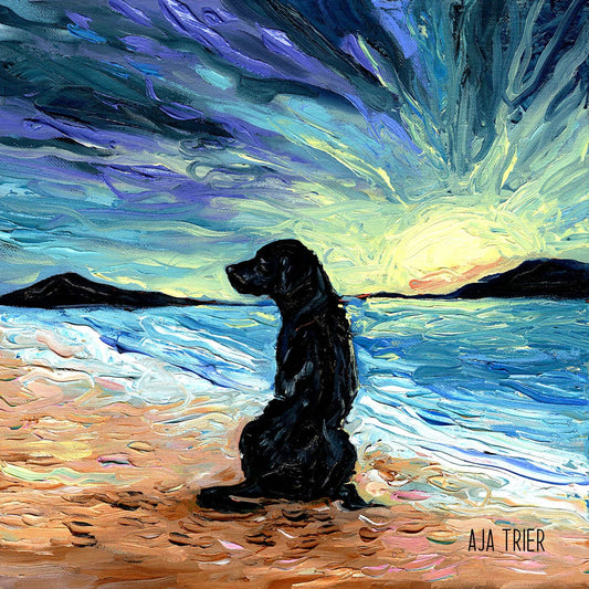 Beach Days  Black Labrador dog Art CANVAS print by Aja wall art home decor choose canine cute pup square or rectangle Ocean Sunset Decor
