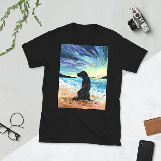 Shirt  Beach Days  Black Labrador Dog ShortSleeve Unisex TShirt Art by Aja Soft top clothing Cute Pet Artwork Apparel