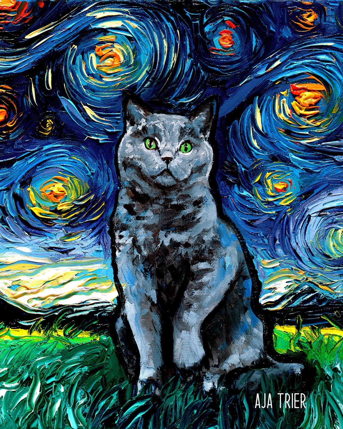 Green Eyed Blue British Shorthair Cat Art CANVAS print Starry Night Ready to Hang wall decor artwork display by Aja Animal Pet Gray kitty