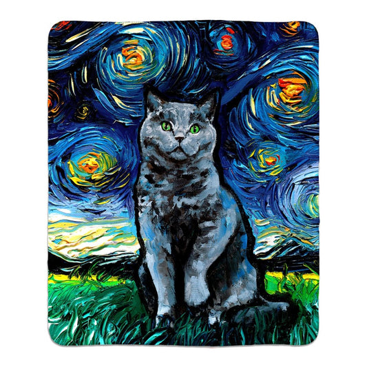 Fleece Sherpa Blanket Green Eye Blue British Shorthair Cat Starry Night Throw 60x50 inches