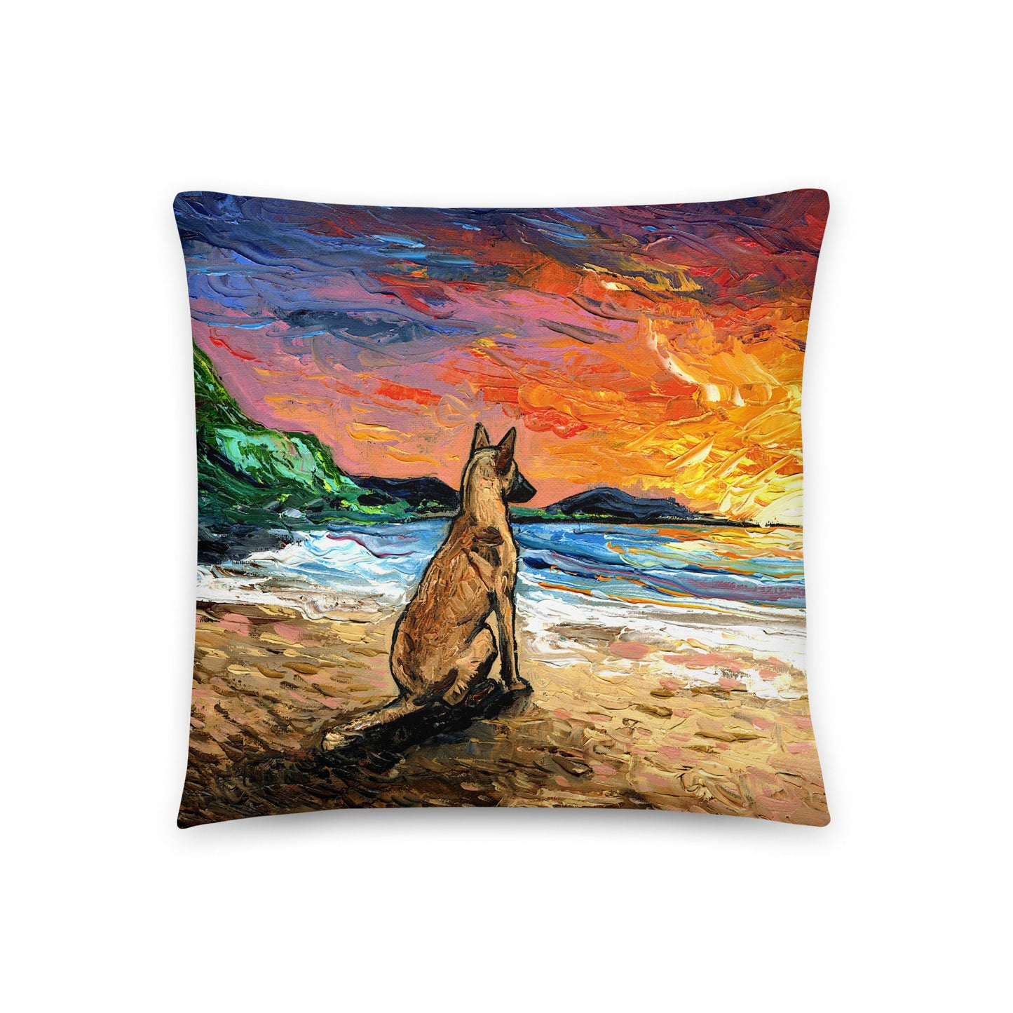 Beach Days Belgian Malinois Dog Lover Ocean Coastal Sunset Basic Throw Pillow Art by Aja 16x16 or 20x20 inches stuffed Home Decor