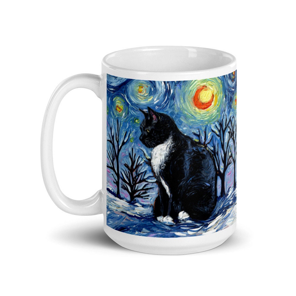 Tuxedo Cat Coffee Mug Winter Starry Night Holiday Art by Aja ceramic coffee cup home goods Christmas gift snow artwork