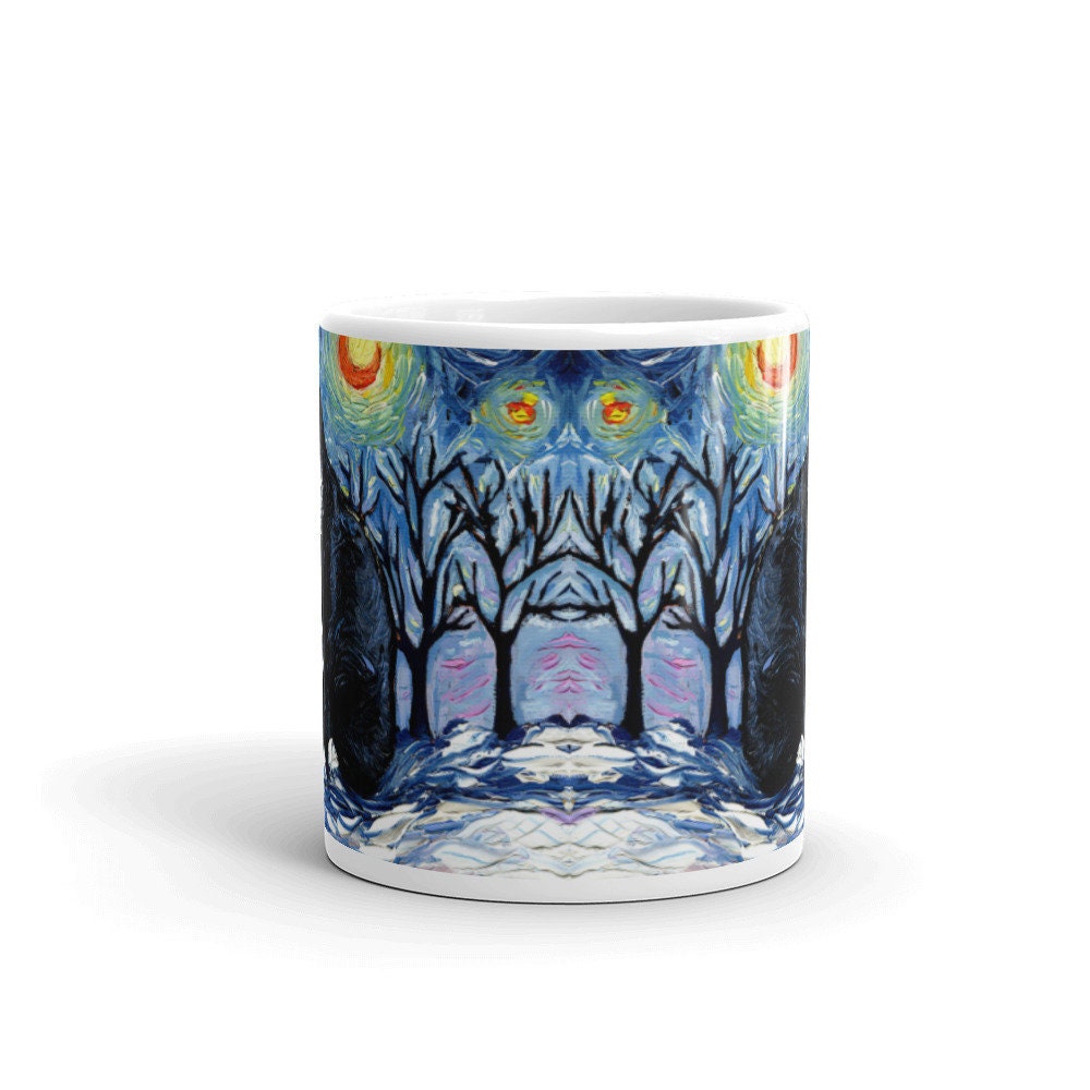 Tuxedo Cat Coffee Mug Winter Starry Night Holiday Art by Aja ceramic coffee cup home goods Christmas gift snow artwork