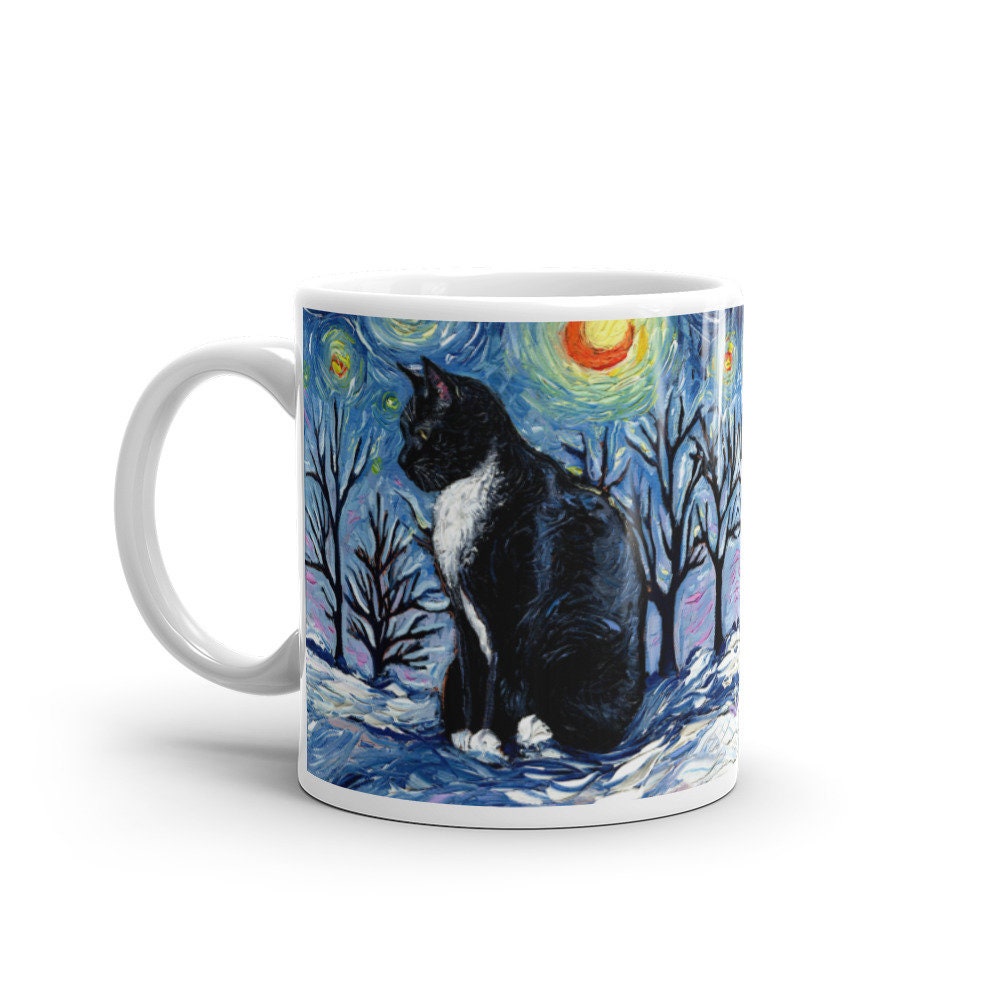 Tuxedo Cat Coffee Mug Winter Starry Night Holiday Art by Aja ceramic coffee cup home goods Christmas gift snow artwork