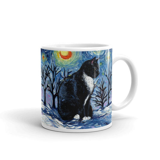 Tuxedo Cat Coffee Mug Winter Starry Night Holiday Art by Aja ceramic coffee cup home goods Christmas gift snow artwork