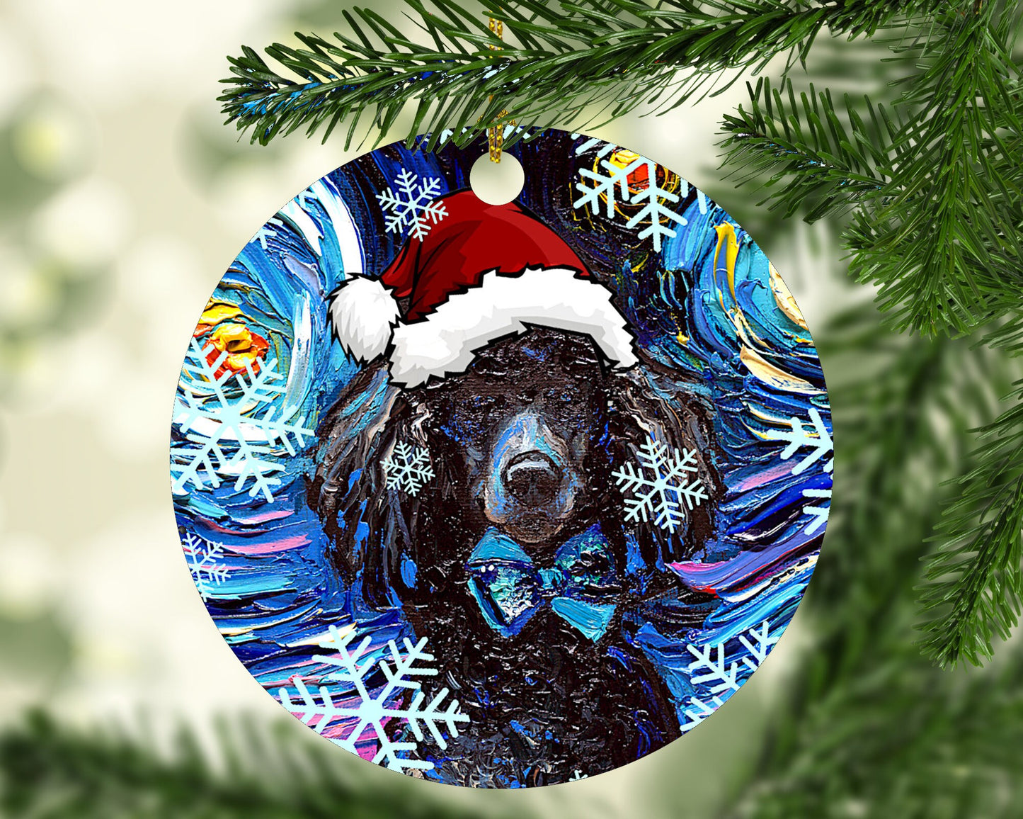 Black Poodle Dog In Santa Hat Art Starry Night 3x3 Inch Christmas Ornament Printed On Both Sides Ceramic Heirloom Tree Decoration