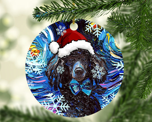 Black Poodle Dog In Santa Hat Art Starry Night 3x3 Inch Christmas Ornament Printed On Both Sides Ceramic Heirloom Tree Decoration