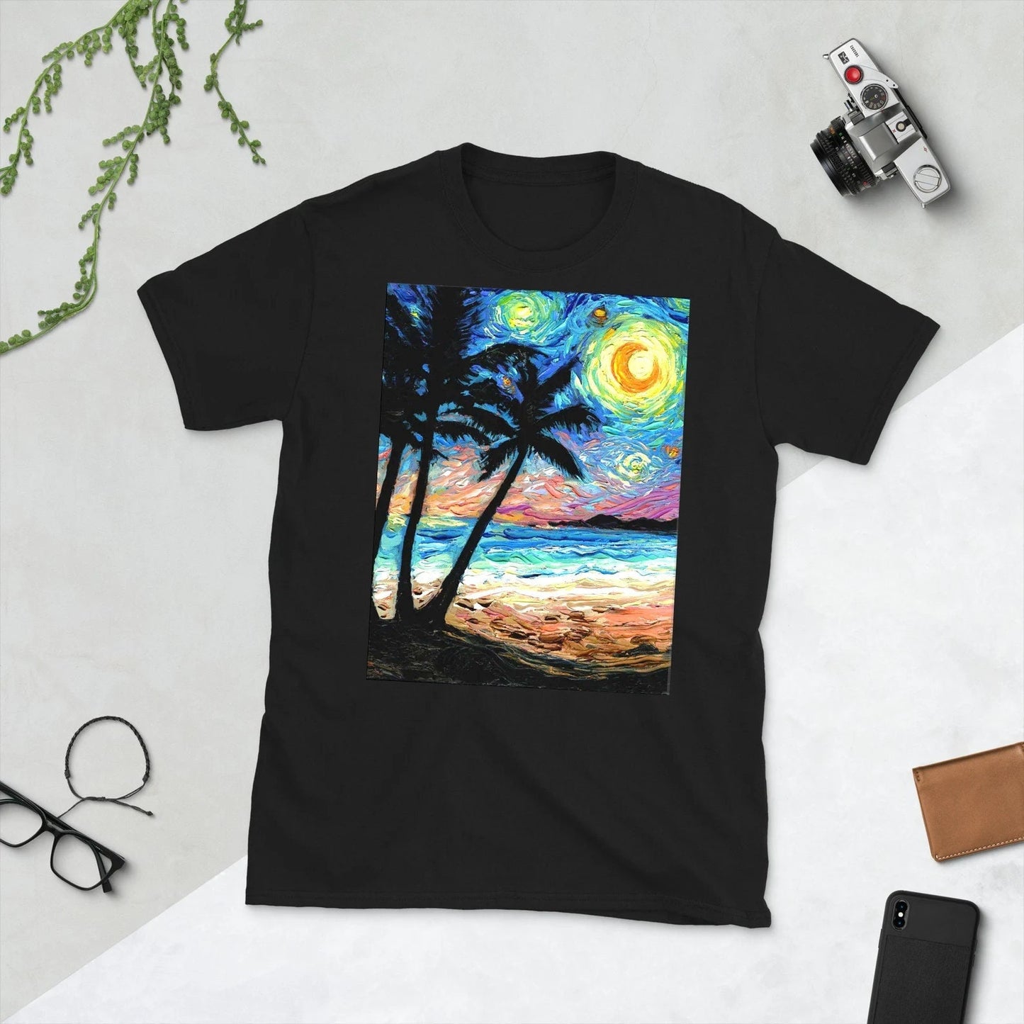 Shirt  Starry Night Tropical Palm Trees Beach Sunset Ocean ShortSleeve Unisex TShirt Art by Aja Soft top clothing Artwork Apparel