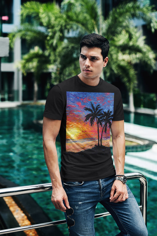 Shirt  Paradise at Dusk  Palm Trees Tropical Beach Sunset Ocean ShortSleeve Unisex TShirt Art by Aja Soft top clothing Artwork Apparel