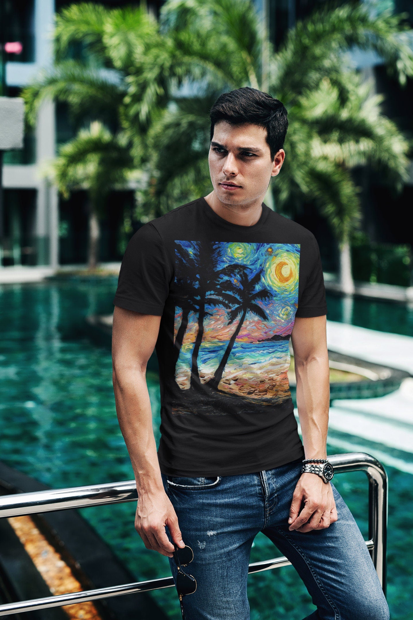 Shirt  Starry Night Tropical Palm Trees Beach Sunset Ocean ShortSleeve Unisex TShirt Art by Aja Soft top clothing Artwork Apparel
