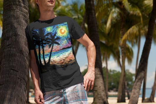 Shirt  Starry Night Tropical Palm Trees Beach Sunset Ocean ShortSleeve Unisex TShirt Art by Aja Soft top clothing Artwork Apparel