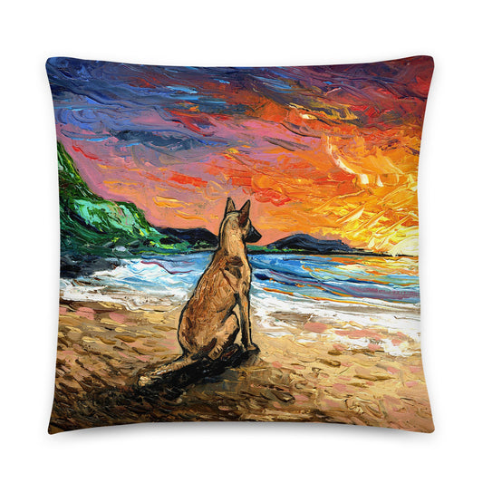 Beach Days Belgian Malinois Dog Lover Ocean Coastal Sunset Basic Throw Pillow Art by Aja 16x16 or 20x20 inches stuffed Home Decor