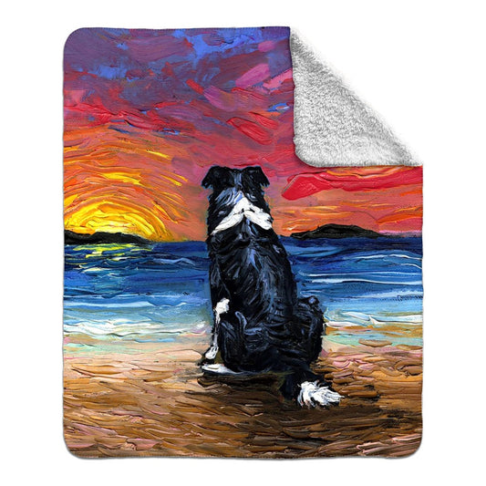 Premium Fleece Sherpa Blanket Border Collie At The Beach Starry Night Dog Throw 60x50 inches