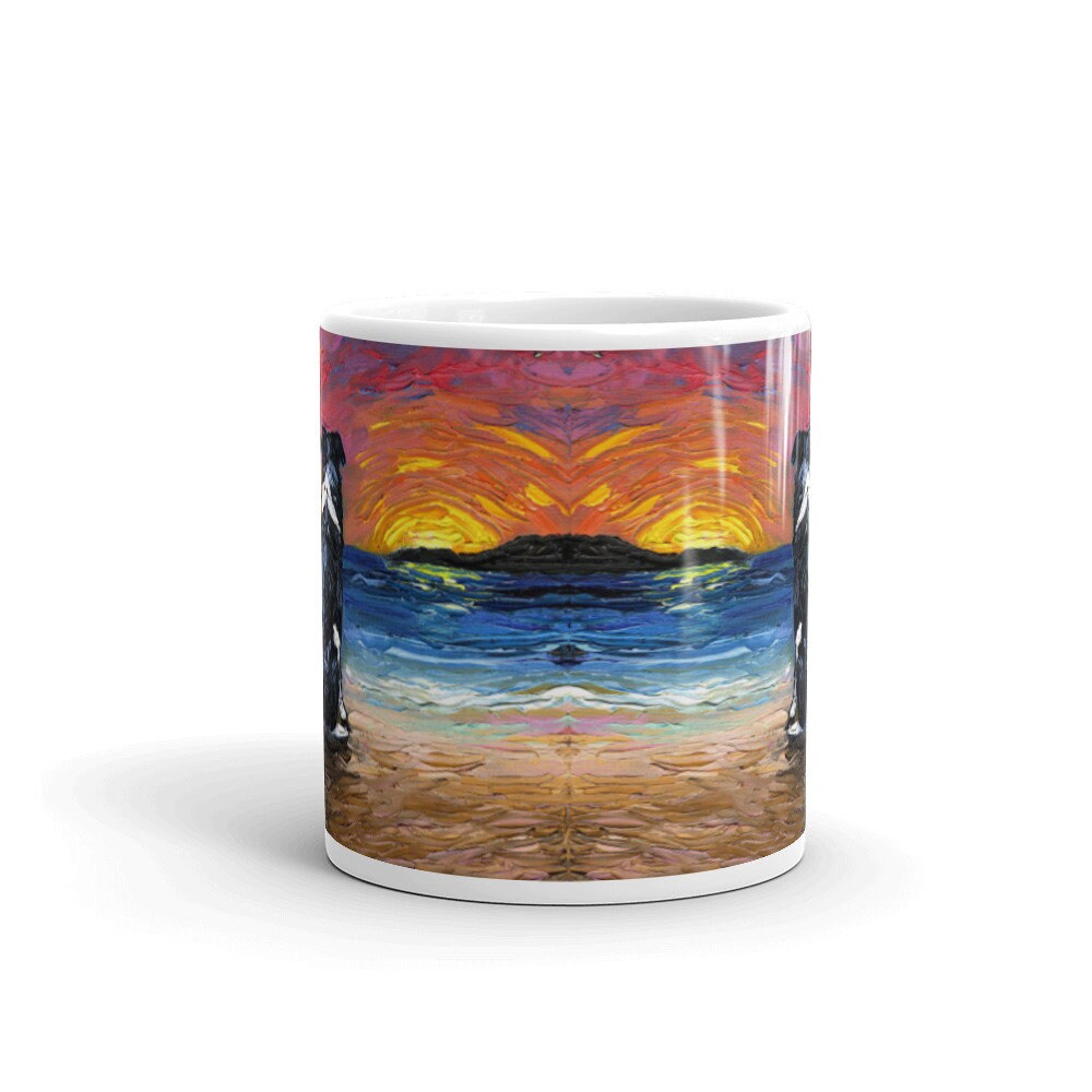 Beach Days  Border Collie Coffee Mug Dog Lover Ocean Coastal Sunset Art by Aja colorful ceramic cup Drinkware microwave and dishwasher safe
