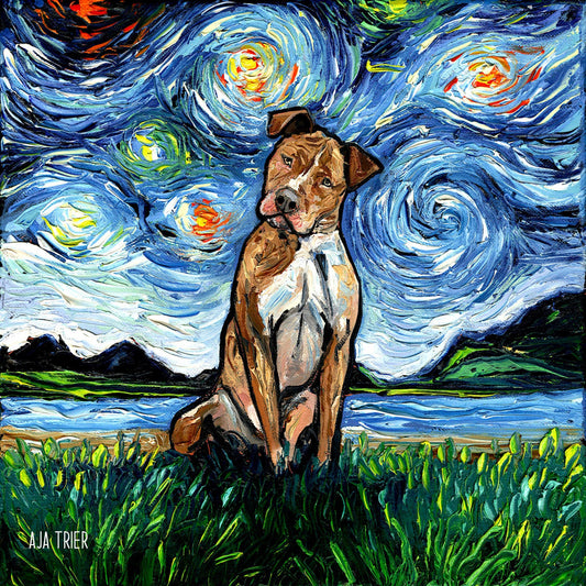 Brown Pitbull Art Starry Night Art Print by Aja choose size and type of paper pup puppy pittie animal pet wall decor