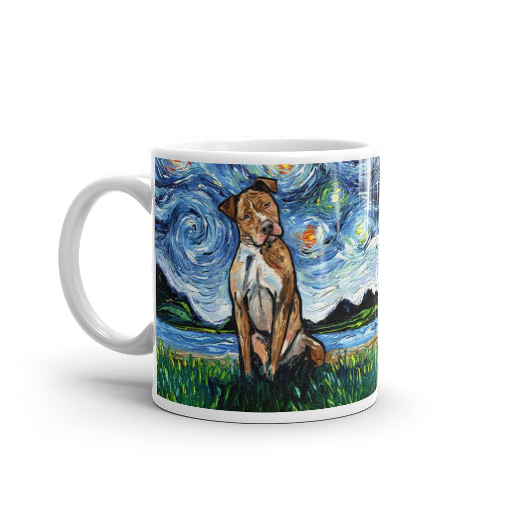 Brown Pitbull Coffee Mug Dog Lover Starry Night Art by Aja ceramic cup cute animal pet drinkware