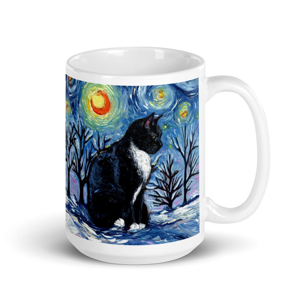 Tuxedo Cat Coffee Mug Winter Starry Night Holiday Art by Aja ceramic coffee cup home goods Christmas gift snow artwork