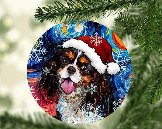 Tri Color Cavalier King Charles Spaniel Christmas Ornament Starry Night Holiday Tree Dog Lover Gift Christmas Decoration Dog In Santa Hat