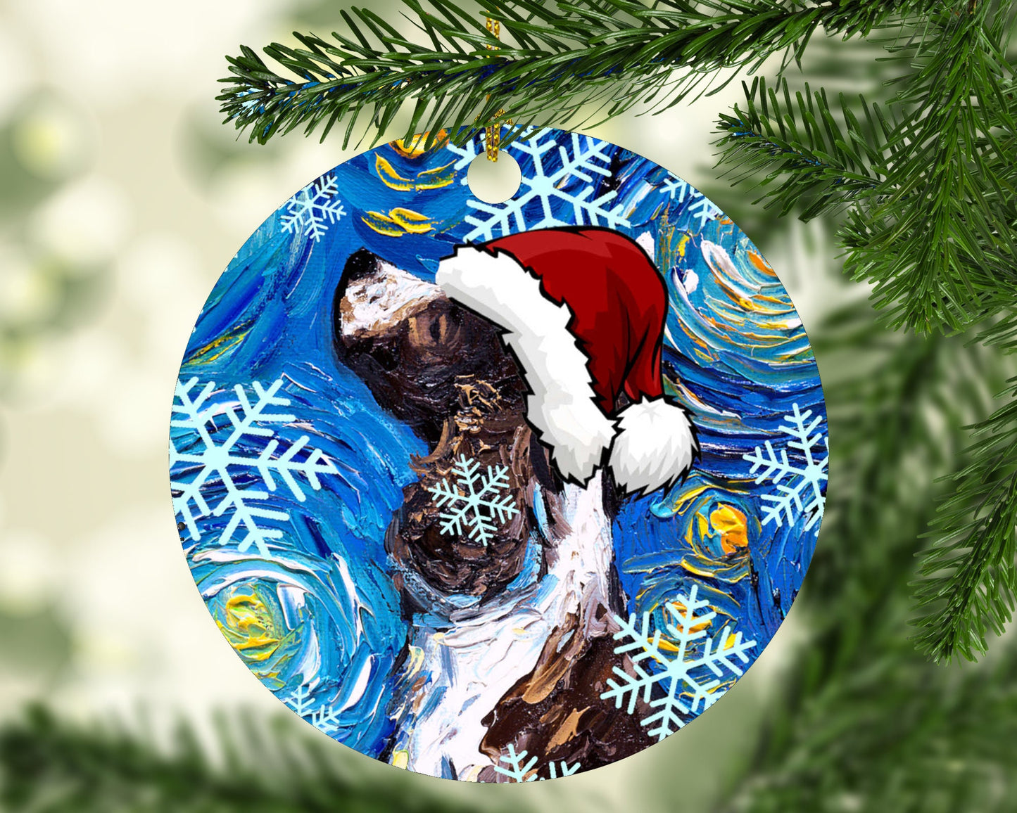 English Springer Spaniel In Santa Hat Art Starry Night 3x3 Inch Christmas Ornament Printed On Both Sides Ceramic Heirloom Tree Decoration