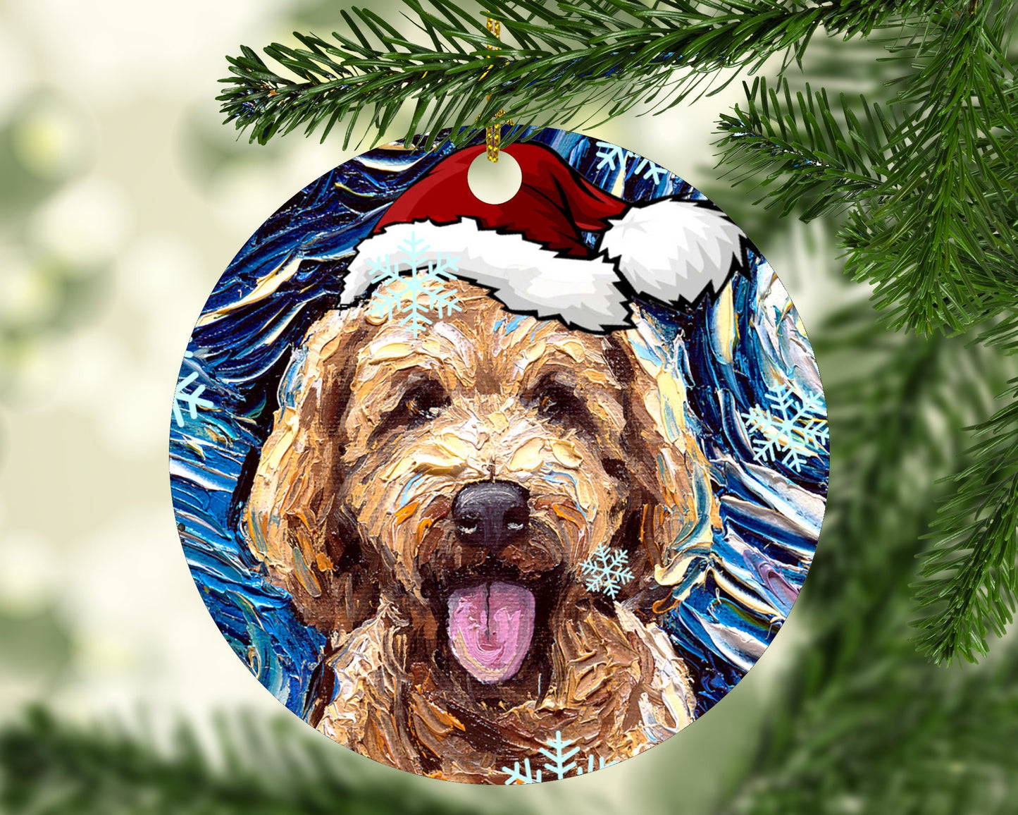 Goldendoodle In Santa Hat Art Starry Night 3x3 Inch Christmas Ornament Printed On Both Sides Ceramic Heirloom Tree Decoration