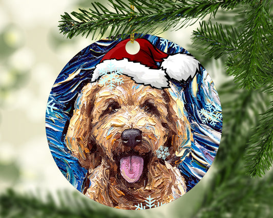 Goldendoodle In Santa Hat Art Starry Night 3x3 Inch Christmas Ornament Printed On Both Sides Ceramic Heirloom Tree Decoration