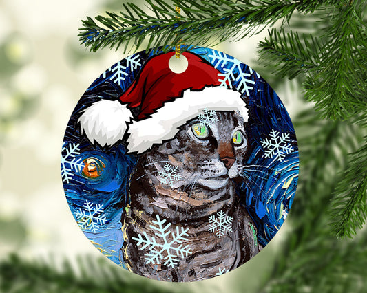 Tabby Cat Christmas Ornament Starry Night Holiday Tree Cat Lover Gift Heirloom Keepsake Ceramic Christmas Decoration Cat In Santa Hat